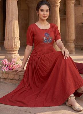 Women's red pleated maxi dress with intricate peacock beadwork 3