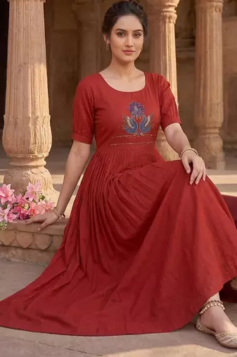 Women's new trendy red pleated maxi dress with intricate peacock beadwork