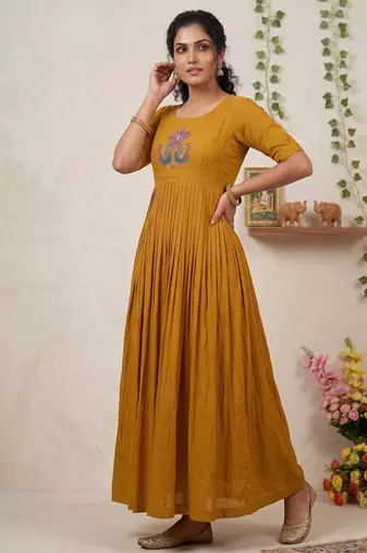 Women's new trendy mustard pleated maxi dress with intricate peacock beadwork