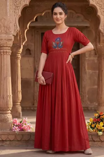 Women's new trendy red pleated maxi dress with intricate peacock beadwork