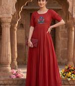 Women's new trendy red pleated maxi dress with intricate peacock beadwork