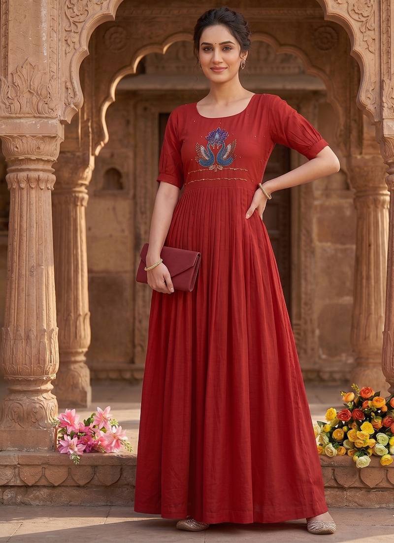 Women's new trendy red pleated maxi dress with intricate peacock beadwork