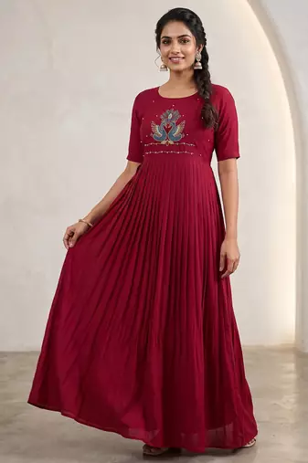 Women's new trendy rani pink pleated maxi dress with intricate peacock beadwork