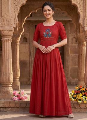 Women's red pleated maxi dress with intricate peacock beadwork 4