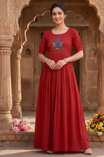Women's new trendy red pleated maxi dress with intricate peacock beadwork
