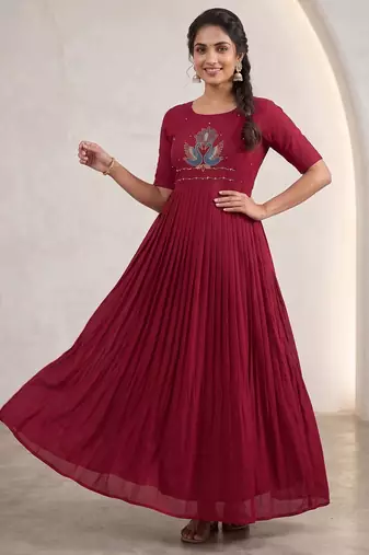Women's new trendy rani pink pleated maxi dress with intricate peacock beadwork