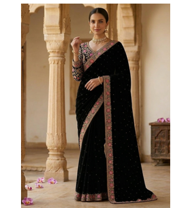 Black Color Embroidery, Thread And Sequience Work Satin Saree 1