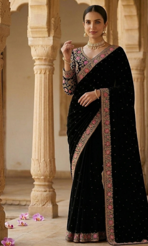 Black Color Embroidery, Thread And Sequience Work Satin Saree