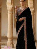 Black Color Embroidery, Thread And Sequience Work Satin Saree