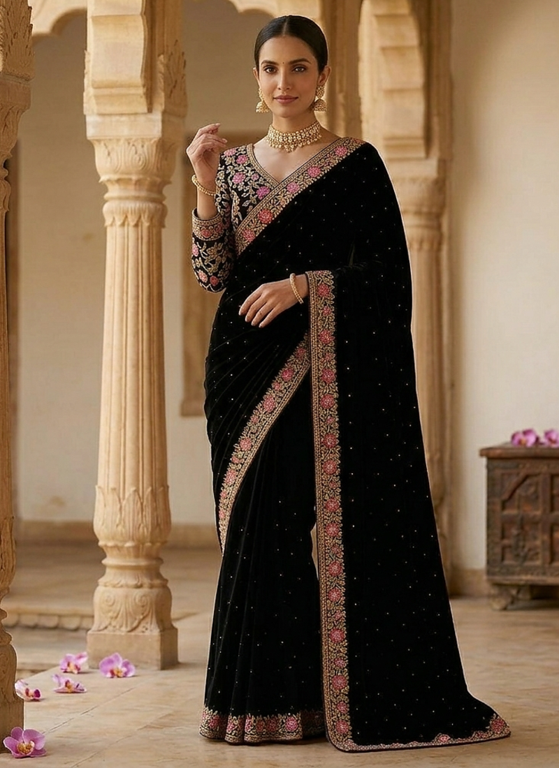 Black Color Embroidery, Thread And Sequience Work Satin Saree