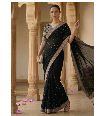 Black Color Embroidery, Thread And Sequience Work Satin Saree 2