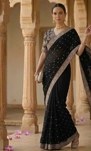 Black Color Embroidery, Thread And Sequience Work Satin Saree