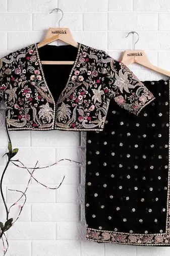 Black Color Embroidery, Thread And Sequience Work Satin Saree