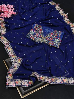 Navy Blue Color Embroidery, Thread And Sequience Work Satin Saree 1