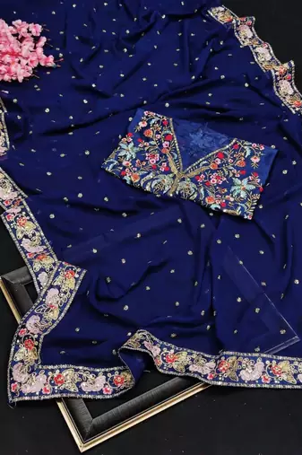 Navy Blue Color Embroidery, Thread And Sequience Work Satin Saree