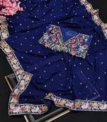 Navy Blue Color Embroidery, Thread And Sequience Work Satin Saree