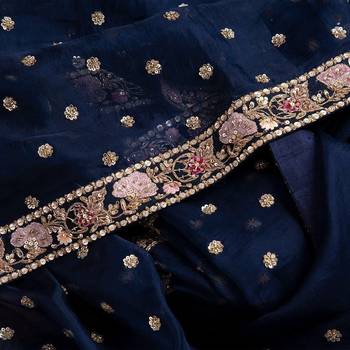 Navy Blue Color Embroidery, Thread And Sequience Work Satin Saree 2