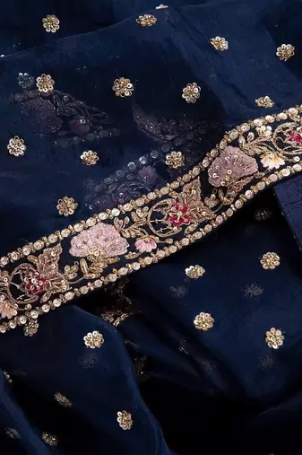 Navy Blue Color Embroidery, Thread And Sequience Work Satin Saree