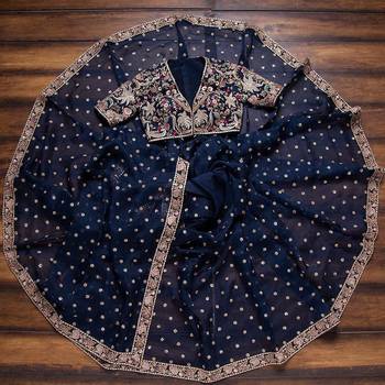 Navy Blue Color Embroidery, Thread And Sequience Work Satin Saree 3