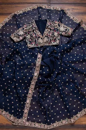 Navy Blue Color Embroidery, Thread And Sequience Work Satin Saree