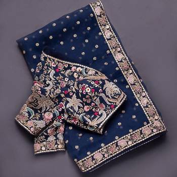 Navy Blue Color Embroidery, Thread And Sequience Work Satin Saree 4