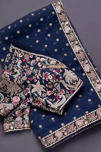 Navy Blue Color Embroidery, Thread And Sequience Work Satin Saree