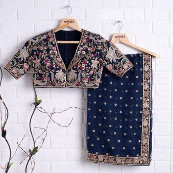 Navy Blue Color Embroidery, Thread And Sequience Work Satin Saree 5