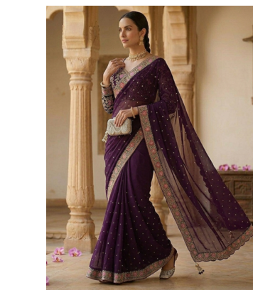 Wine Color Embroidery, Thread And Sequience Work Satin Saree 1