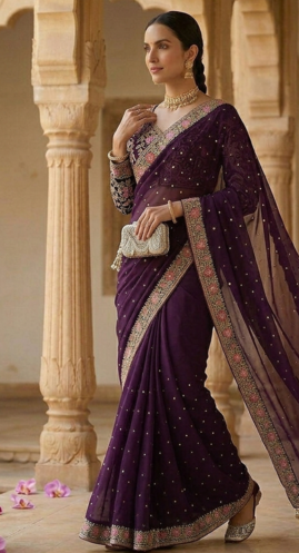 Wine Color Embroidery, Thread And Sequience Work Satin Saree