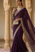 Wine Color Embroidery, Thread And Sequience Work Satin Saree