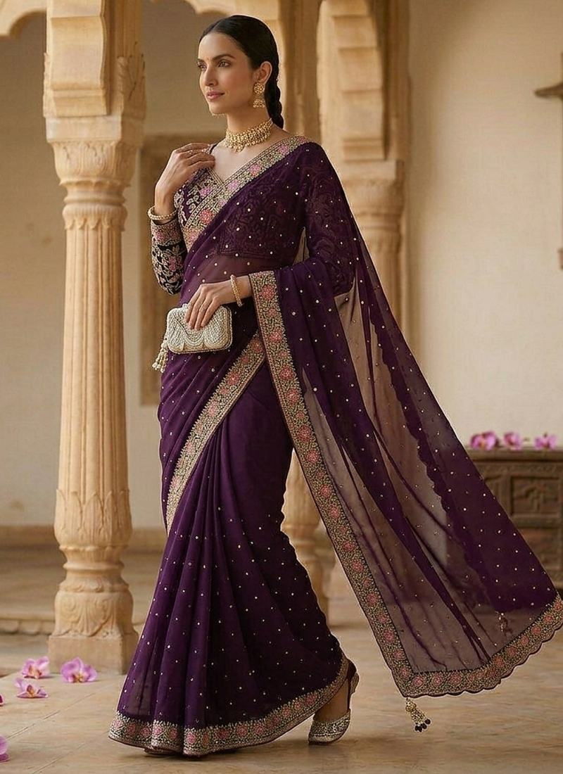 Wine Color Embroidery, Thread And Sequience Work Satin Saree