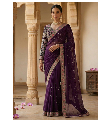 Wine Color Embroidery, Thread And Sequience Work Satin Saree 2