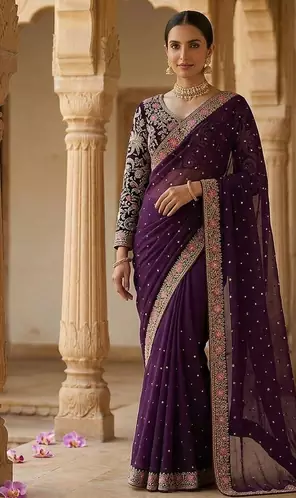 Wine Color Embroidery, Thread And Sequience Work Satin Saree
