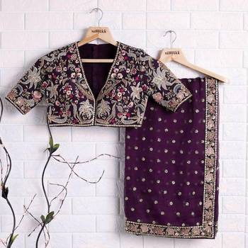 Wine Color Embroidery, Thread And Sequience Work Satin Saree 3