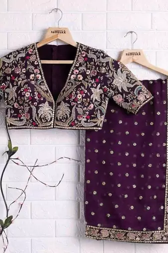 Wine Color Embroidery, Thread And Sequience Work Satin Saree