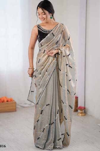 Grey fendy satin embroidered saree with unstitched blouse