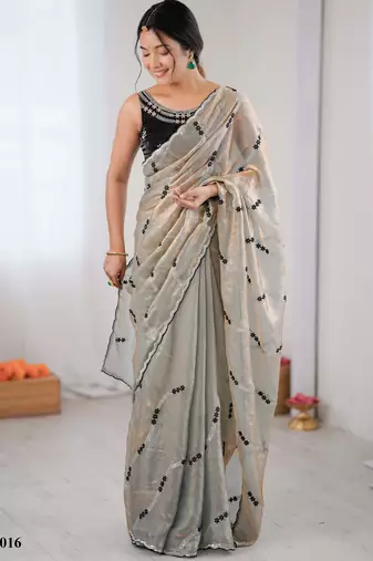 Grey fendy satin embroidered saree with unstitched blouse