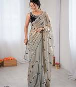 Grey fendy satin embroidered saree with unstitched blouse