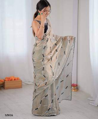 Grey fendy satin embroidered saree with unstitched blouse 2