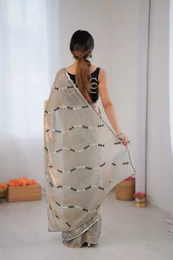 Grey fendy satin embroidered saree with unstitched blouse
