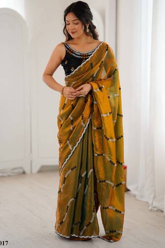 Gold fendy satin embroidered saree with unstitched blouse