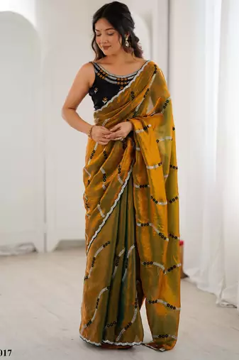 Gold fendy satin embroidered saree with unstitched blouse