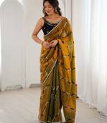 Gold fendy satin embroidered saree with unstitched blouse