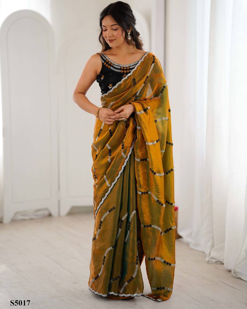 Gold fendy satin embroidered saree with unstitched blouse