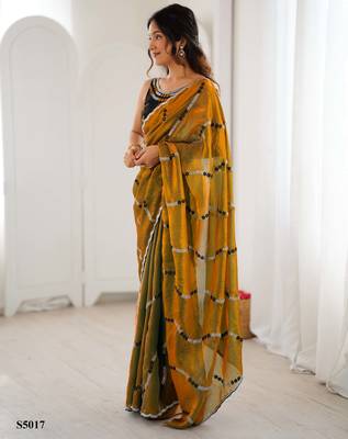 Gold fendy satin embroidered saree with unstitched blouse 2
