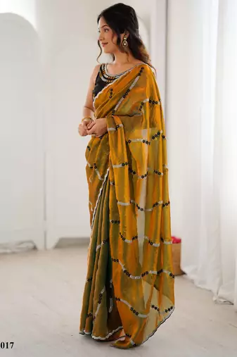 Gold fendy satin embroidered saree with unstitched blouse