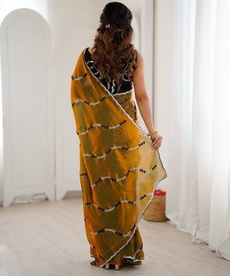 Gold fendy satin embroidered saree with unstitched blouse 3