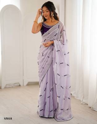 Lavender fendy satin embroidered saree with unstitched blouse 1