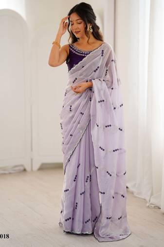 Lavender fendy satin embroidered saree with unstitched blouse