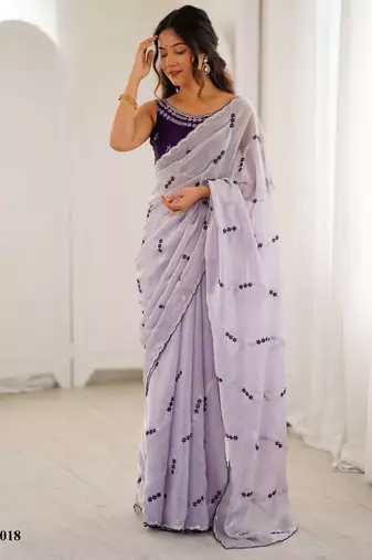 Lavender fendy satin embroidered saree with unstitched blouse